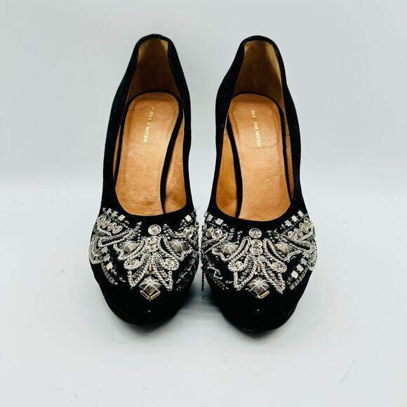 Dries van Noten Shoes Womens 6.5 Black Suede Heels Silver Beaded Chain Stilettos - Picture 5 of 12